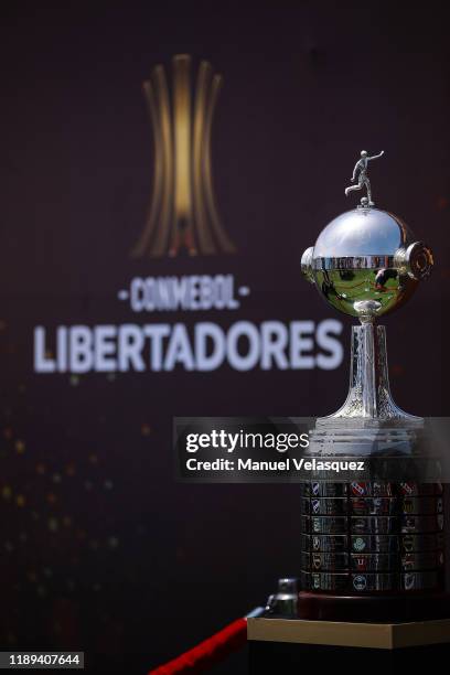 The CONMEBOL Trophy is displayed at fan fest in La Casa del Hincha ahead of the final match of Copa CONMEBOL Libertadores 2019 on November 22, 2019...