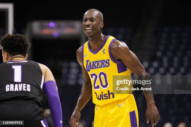 Andre Ingram of the South Bay Lakers reacts against the Stockton Kings during an NBA G-League game on December 17, 2019 at Stockton Arena Center in...