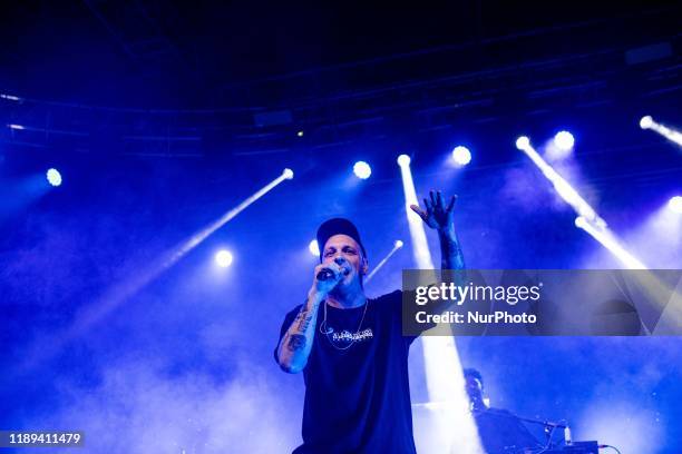 The Italian rapper Clementino in concert at Fabrique in Milan, on December 17, 2019 during the 'Tarantelle tour'