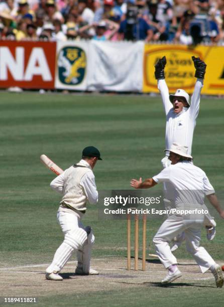 Greg Matthews of Australia is bowled for 0 by John Emburey of England during the 4th Test match between Australia and England at the MCG, Melbourne,...