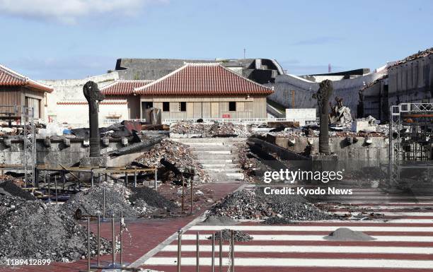 Shuri Castle in Naha, Okinawa Prefecture, is opened to the media on Dec. 17 about one and a half months after a predawn fire gutted its main...