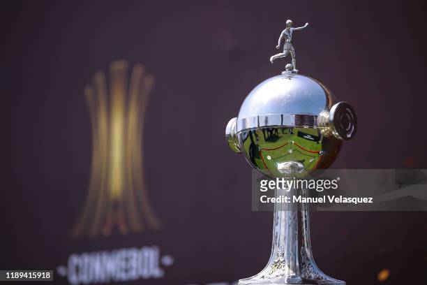 Detail of the CONMEBOL Trophy is displayed at the fan fest at La Casa del Hincha, ahead of the final match of Copa CONMEBOL Libertadores 2019 on...