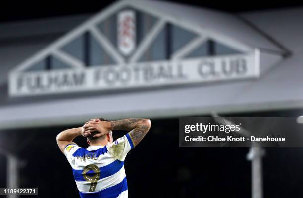 Jordan Hugill of Queens Park Rangers reacts during the Sky Bet Championship match between Fulham and Queens Park Rangers at Craven Cottage on...