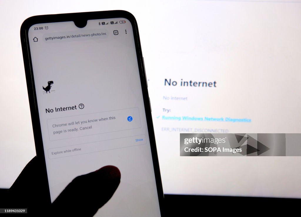 In this photo illustration, a 'No Internet' notification...