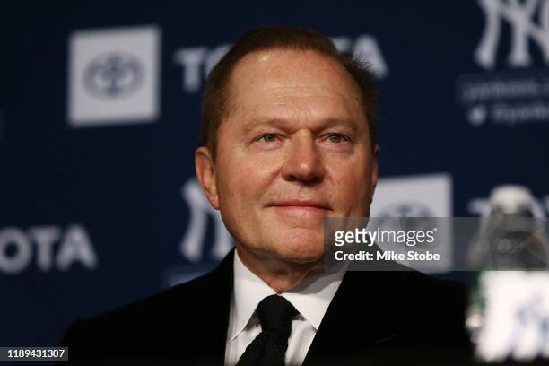 Sports Agents Scott Boras looks on during the New York Yankees press conference to introduce Gerrit Cole at Yankee Stadium on December 18, 2019 in...