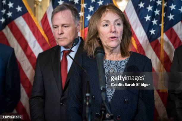 Cindy Warmbier, mother of Otto Warmbier, who died after being held prisoner in North Korea, speaks during press conference with a bipartisan group of...
