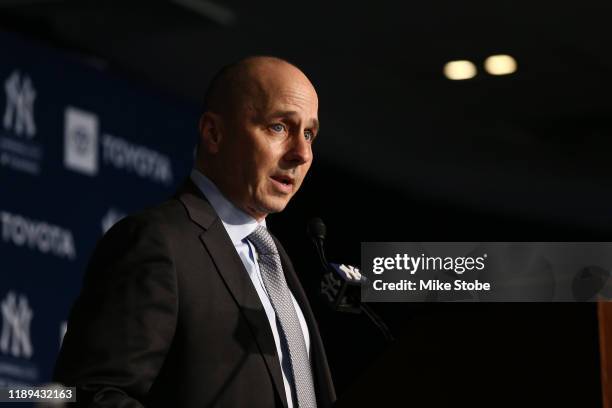 New York Yankee general manager Brian Cashman speaks to the media during the New York Yankees press conference to introduce Gerrit Cole at Yankee...