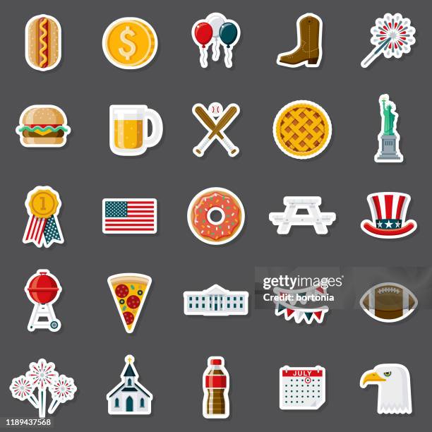 ilustraciones, imágenes clip art, dibujos animados e iconos de stock de conjunto de pegatinas para américa - hamburguesa