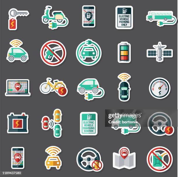 stockillustraties, clipart, cartoons en iconen met moderne voertuig technologie sticker set - elektrische fietsen