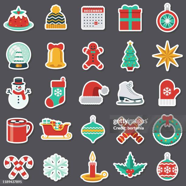 ilustraciones, imágenes clip art, dibujos animados e iconos de stock de conjunto de pegatinas de navidad - gorro-papa-noel