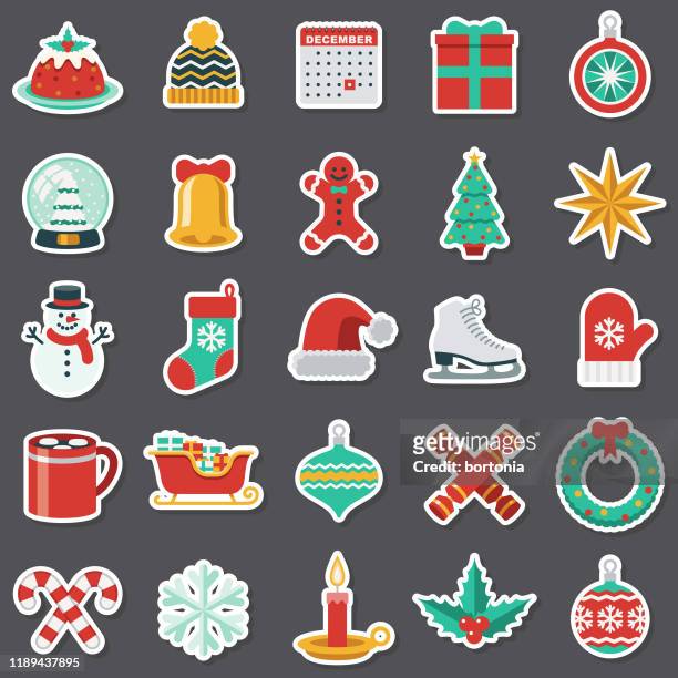 illustrazioni stock, clip art, cartoni animati e icone di tendenza di set di adesivi natalizi - clip art