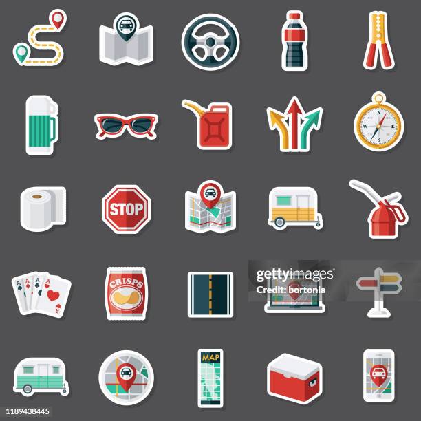 ilustrações de stock, clip art, desenhos animados e ícones de road trip sticker set - lata de óleo