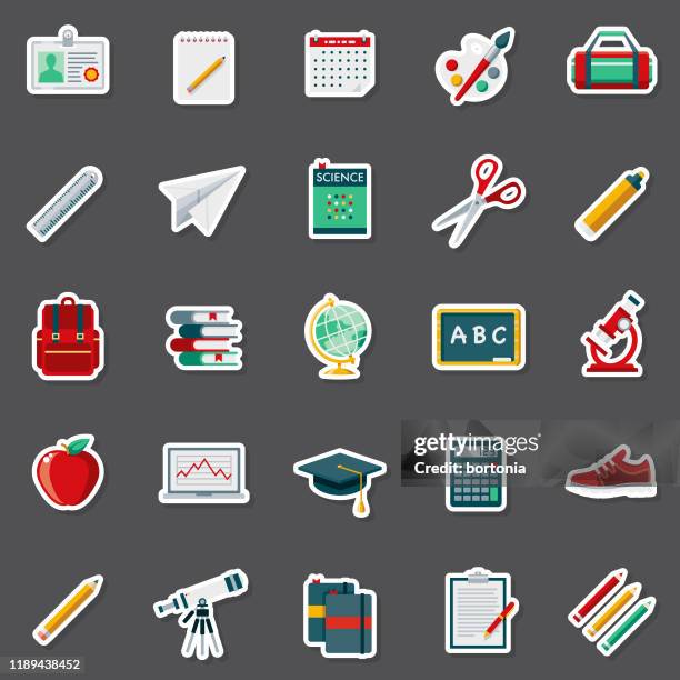 stockillustraties, clipart, cartoons en iconen met school benodigdheden sticker set - kantoorartikel