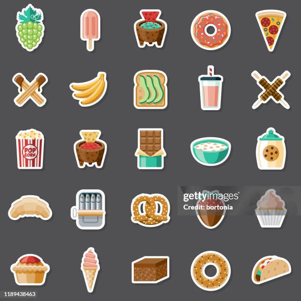 snacks-aufkleber-set - schokobanane stock-grafiken, -clipart, -cartoons und -symbole