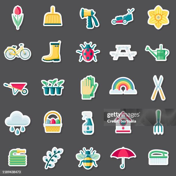 springtime sticker set - cleaning garden tools stock illustrations