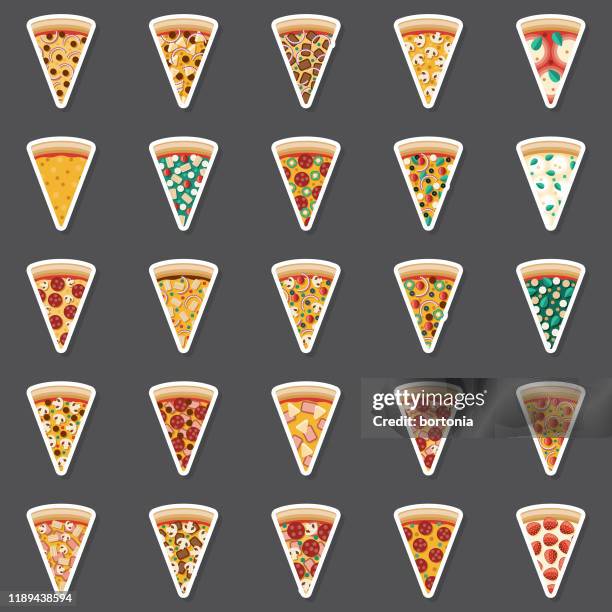 illustrazioni stock, clip art, cartoni animati e icone di tendenza di set di adesivi fette di pizza - cucina greca