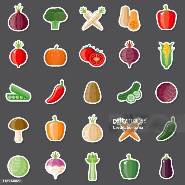 ilustraciones, imágenes clip art, dibujos animados e iconos de stock de conjunto de pegatinas de verduras - nabo tubérculo