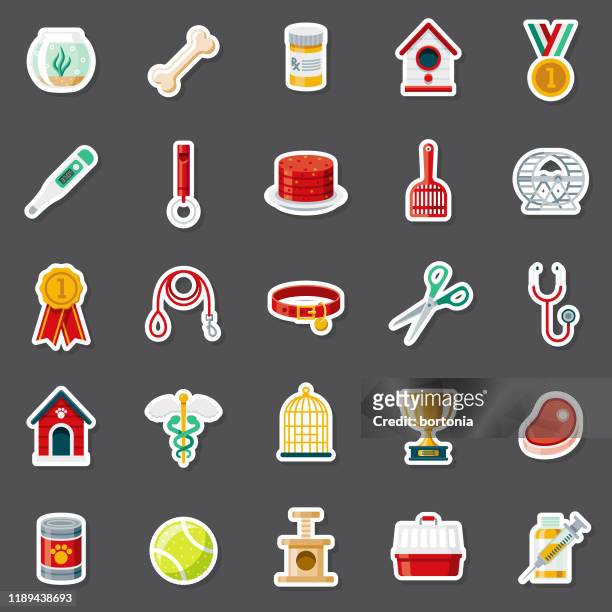ilustrações de stock, clip art, desenhos animados e ícones de pet supplies sticker set - cat food