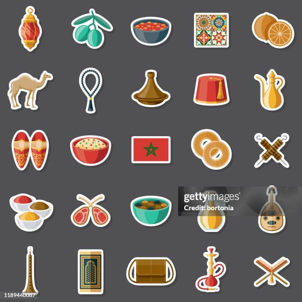 morocco sticker set - moroccan lamb tagine stock illustrations
