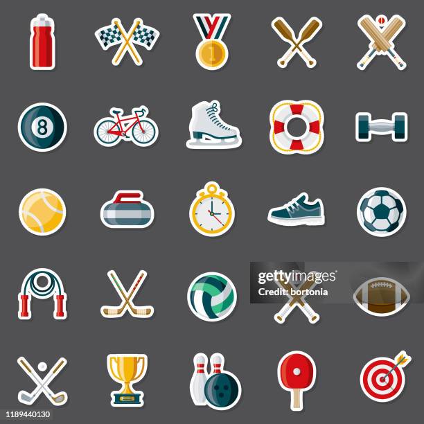 ilustrações de stock, clip art, desenhos animados e ícones de sports sticker set - arco e flecha equipamento desportivo