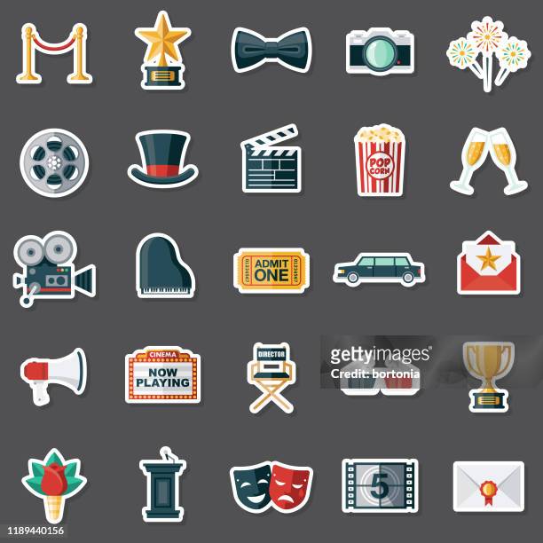 stockillustraties, clipart, cartoons en iconen met films sticker set - première