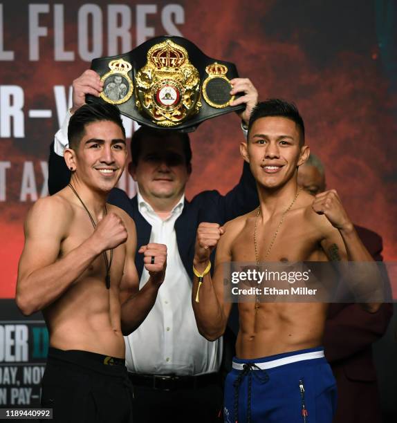 Boxers Leo Santa Cruz and Miguel Flores pose during their official weigh-in at MGM Grand Garden Arena on November 22, 2019 in Las Vegas, Nevada. The...