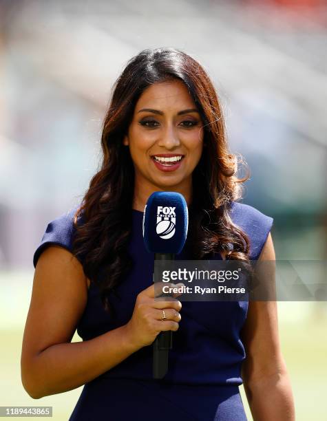 Fox Cricket commentator Isa Guha during day three of the 1st Domain Test between Australia and Pakistan at The Gabba on November 23, 2019 in...