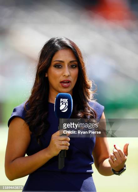 Fox Cricket commentator Isa Guha during day three of the 1st Domain Test between Australia and Pakistan at The Gabba on November 23, 2019 in...