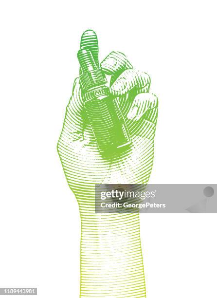 hand holding cbd oil bottle and pipette - laboratory equipment white background stock illustrations