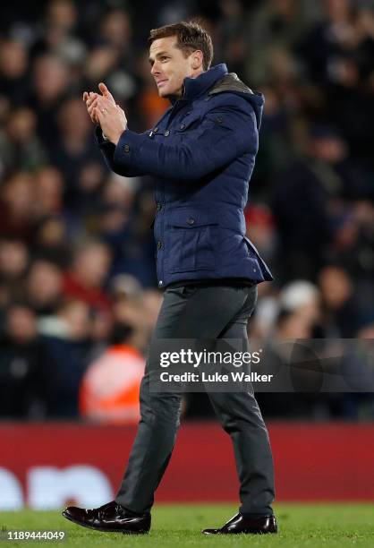 Fulham FC Manager Scott Parker acknowledges the fans after his teams win during the Sky Bet Championship match between Fulham and Queens Park Rangers...