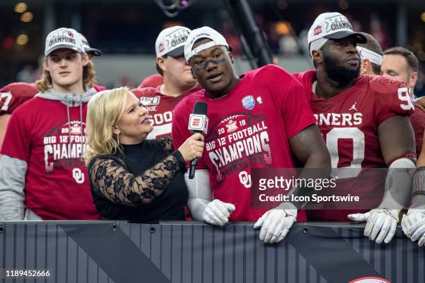 Oklahoma Sooners linebacker Kenneth Murray answers questions from ESPNs Holly Rowe during the Big 12 championship college football game between the...