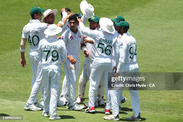Naseem Shah of Pakistan celebrates after taking his first test wicket, the wicket of David Warner of Australia during day three of the 1st Domain...