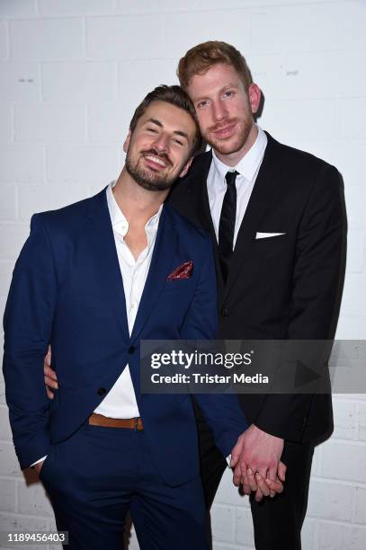 Nicolas Puschmann and his Lars Toensfeuerborn attend the RTL / TV Now TV show "Prince Charming" finals at Bahnhof Pauli on December 18, 2019 in...