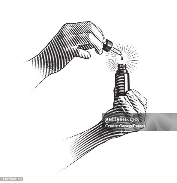 ilustraciones, imágenes clip art, dibujos animados e iconos de stock de manos de mujer usando botella y pipeta de aceite cbd - vial