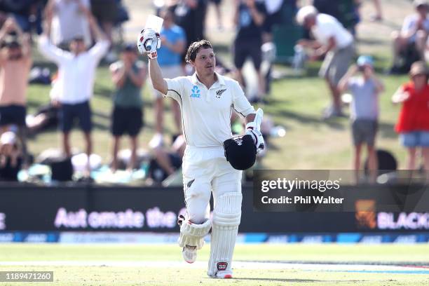 Watling of New Zealand celebrates his century during day three of the first Test match between New Zealand and England at Bay Oval on November 23,...
