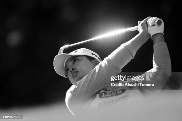 Ai Suzuki of Japan hits her tee shot on the 7th hole during the third round of the Daio Paper Elleair Ladies at Elleair Golf Club Matsuyama on...