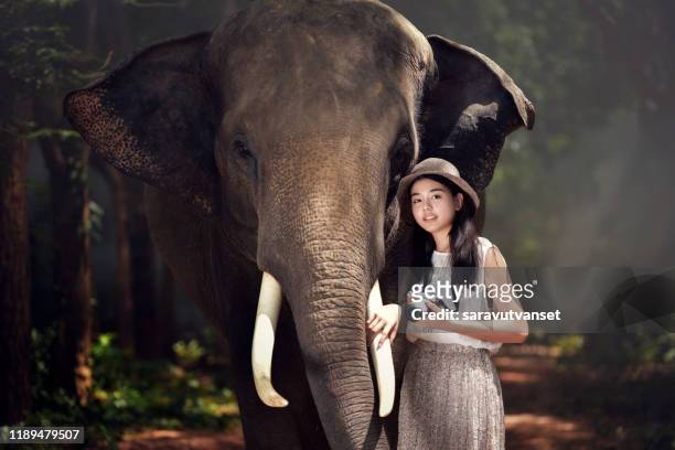 portrait of beautiful tourist woman - asian elephant fotografías e imágenes de stock