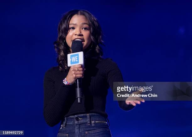 Actress Navia Robinson speaks on stage during 'WE Day Vancouver' at Rogers Arena on November 19, 2019 in Vancouver, Canada.