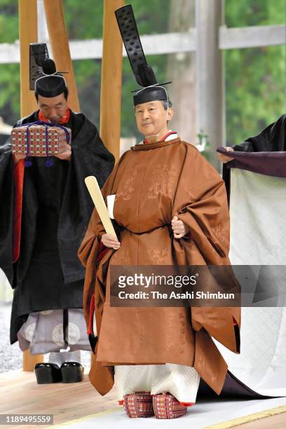Emperor Naruhito visits the Geku, Outer Shrine of the Ise Shrine on November 22, 2019 in Ise, Mie, Japan. Emperor and empress visit the shrine to...