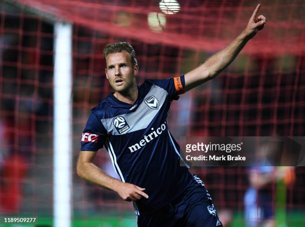 Ola Toivonen of the Victory celebrates after scoring his teams first goal during the round 7 A-League match between Adelaide United and Melbourne...