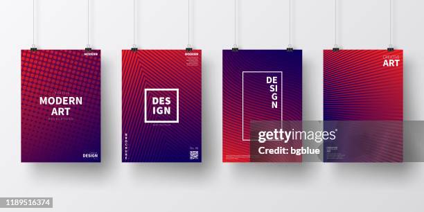 posters with red geometric designs, isolated on white background - red-and-blue-background stock illustrations