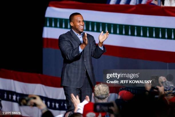 Republican Senate candidate from Michigan, John James speaks at a Keep America Great Rally at Kellogg Arena on December 18 in Battle Creek, Michigan.