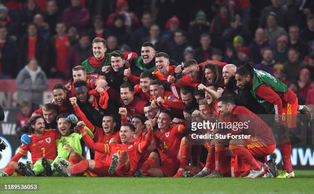 Wales player Aaron Ramsey joins in the celebrations with Gareth Bale and his team mates after the UEFA Euro 2020 qualifier between Wales and Hungary...