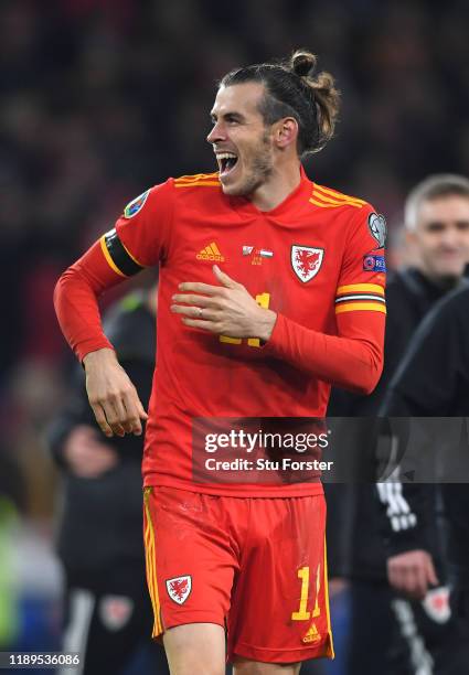 Wales player Gareth Bale celebrates after the UEFA Euro 2020 qualifier between Wales and Hungary at Cardiff City Stadium on November 19, 2019 in...