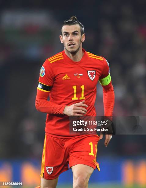 Wales player Gareth Bale in action during the UEFA Euro 2020 qualifier between Wales and Hungary at Cardiff City Stadium on November 19, 2019 in...