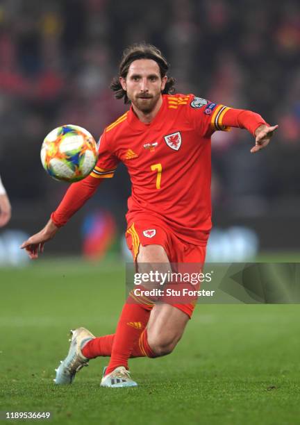Wales player Joe Allen in action during the UEFA Euro 2020 qualifier between Wales and Hungary at Cardiff City Stadium on November 19, 2019 in...