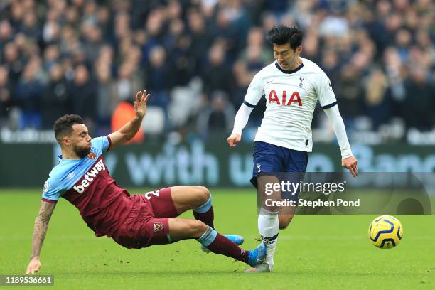 Ryan Fredericks of West Ham United fouls Heung-Min Son of Tottenham Hotspur and receives a yellow card during the Premier League match between West...