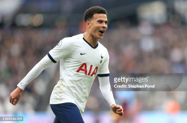 Dele Alli of Tottenham Hotspur celebrates after his team score their second goal during the Premier League match between West Ham United and...