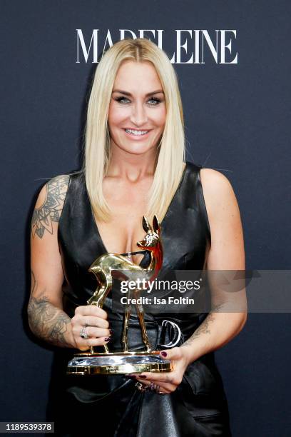 German singer and award winner Sarah Connor poses with award during the 71st Bambi Awards winners board at Festspielhaus Baden-Baden on November 21,...