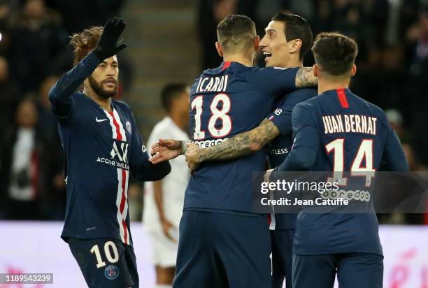 Mauro Icardi of PSG celebrates his goal with countryman Angel Di Maria, Neymar Jr during the Ligue 1 match between Paris Saint-Germain and Lille OSC...